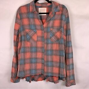 We the Free Orange and Blue Plaid Corduroy Button Front Shirt